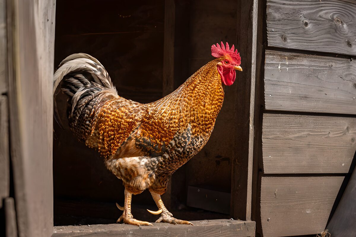 Gallo al sole sulla soglia di legno