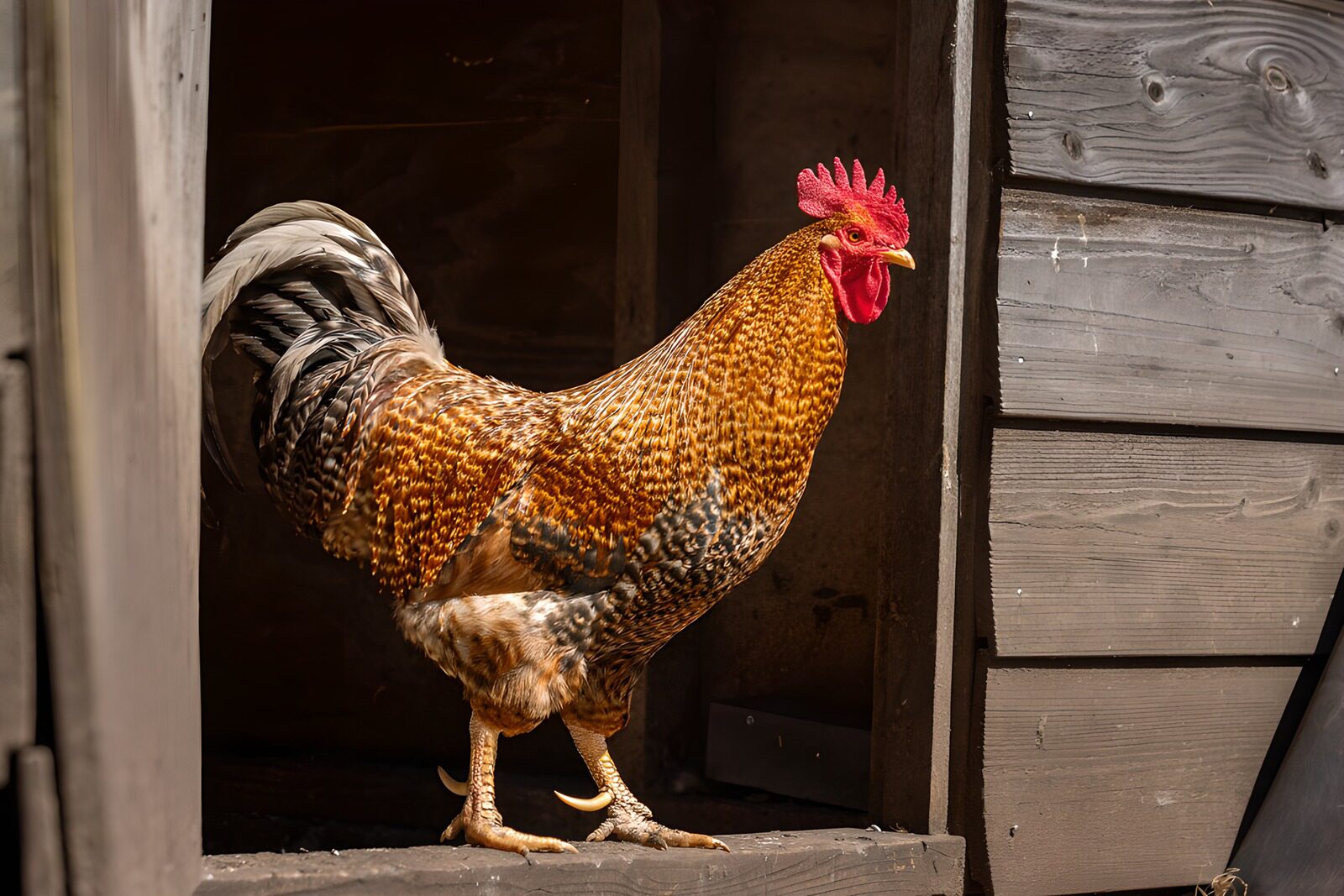 PDGIT9394576: Gallo al sole sulla soglia di legno