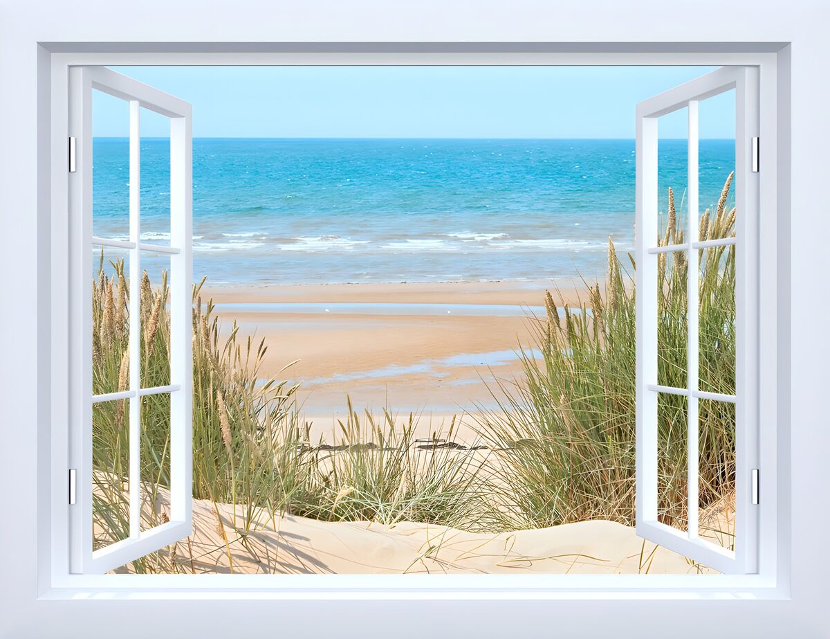 PDGIT2379585: Finestra aperta su dune e mare d’estate