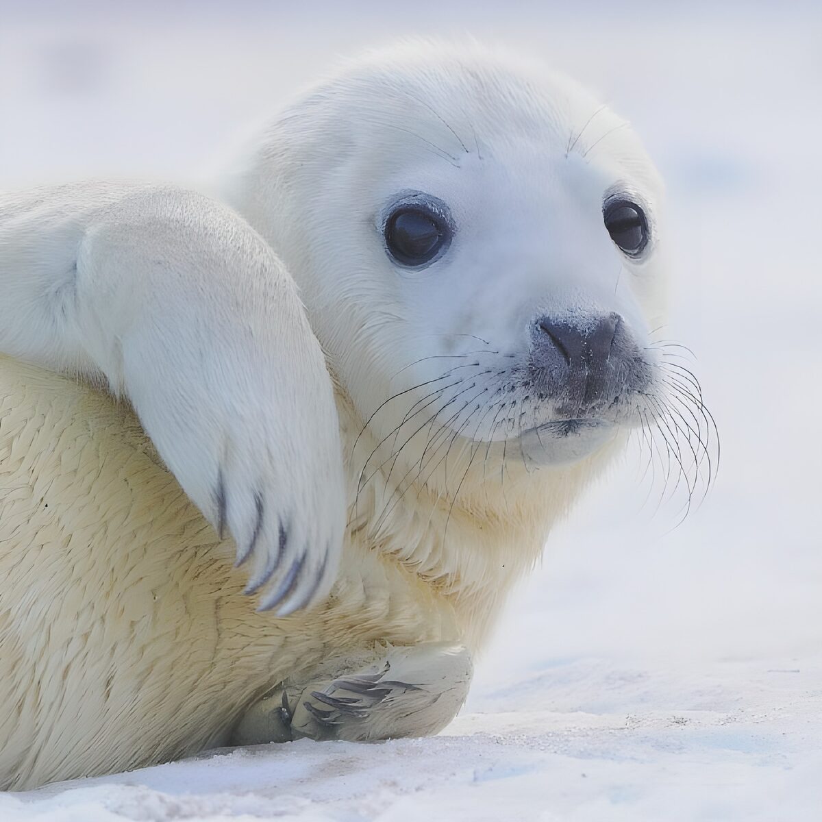 Cucciolo di foca sulla neve, occhi curiosi