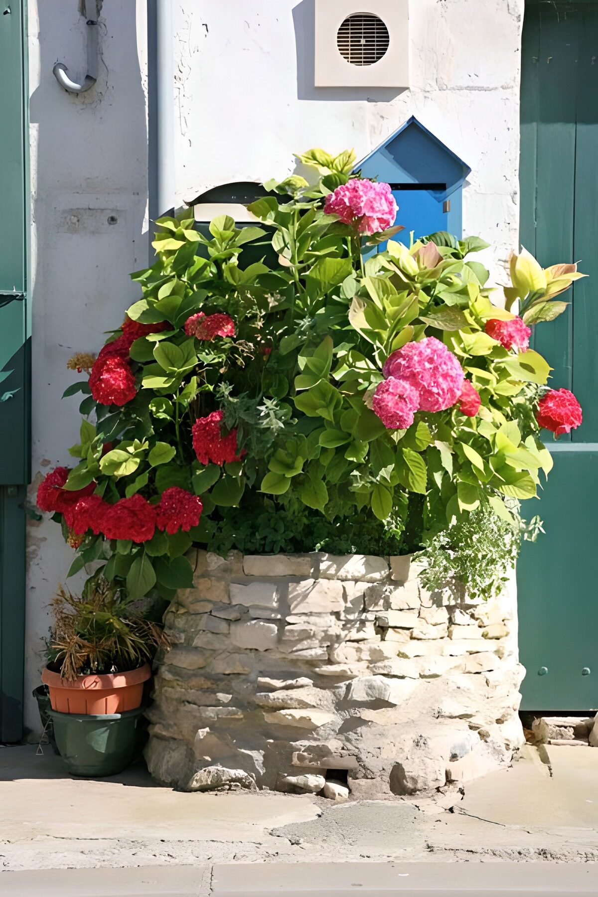 PDGIT8518993: Ortensie rosa e rosse nella fioriera