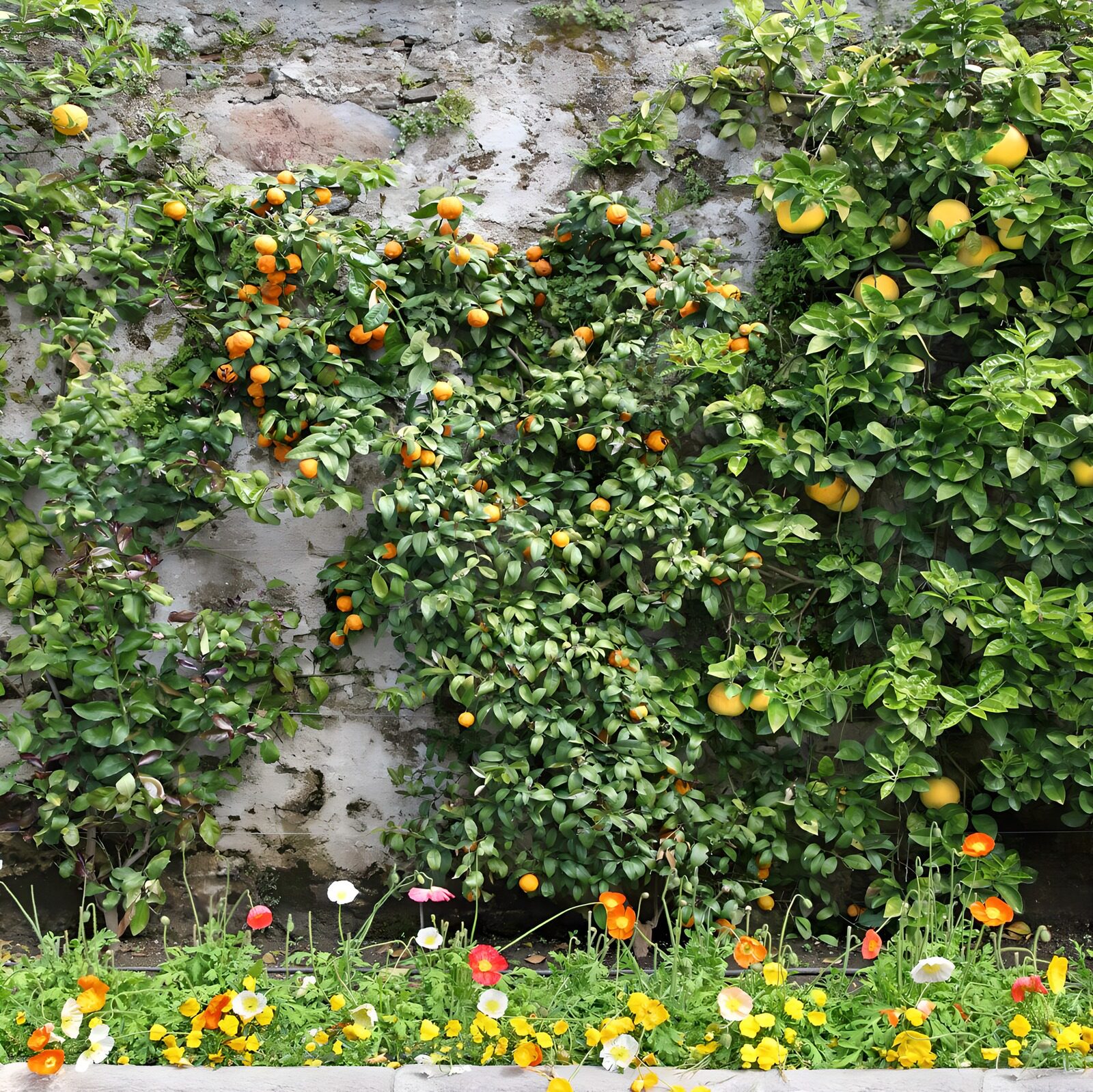 PDGIT3891639: Agrumi e fiori contro il vecchio muro
