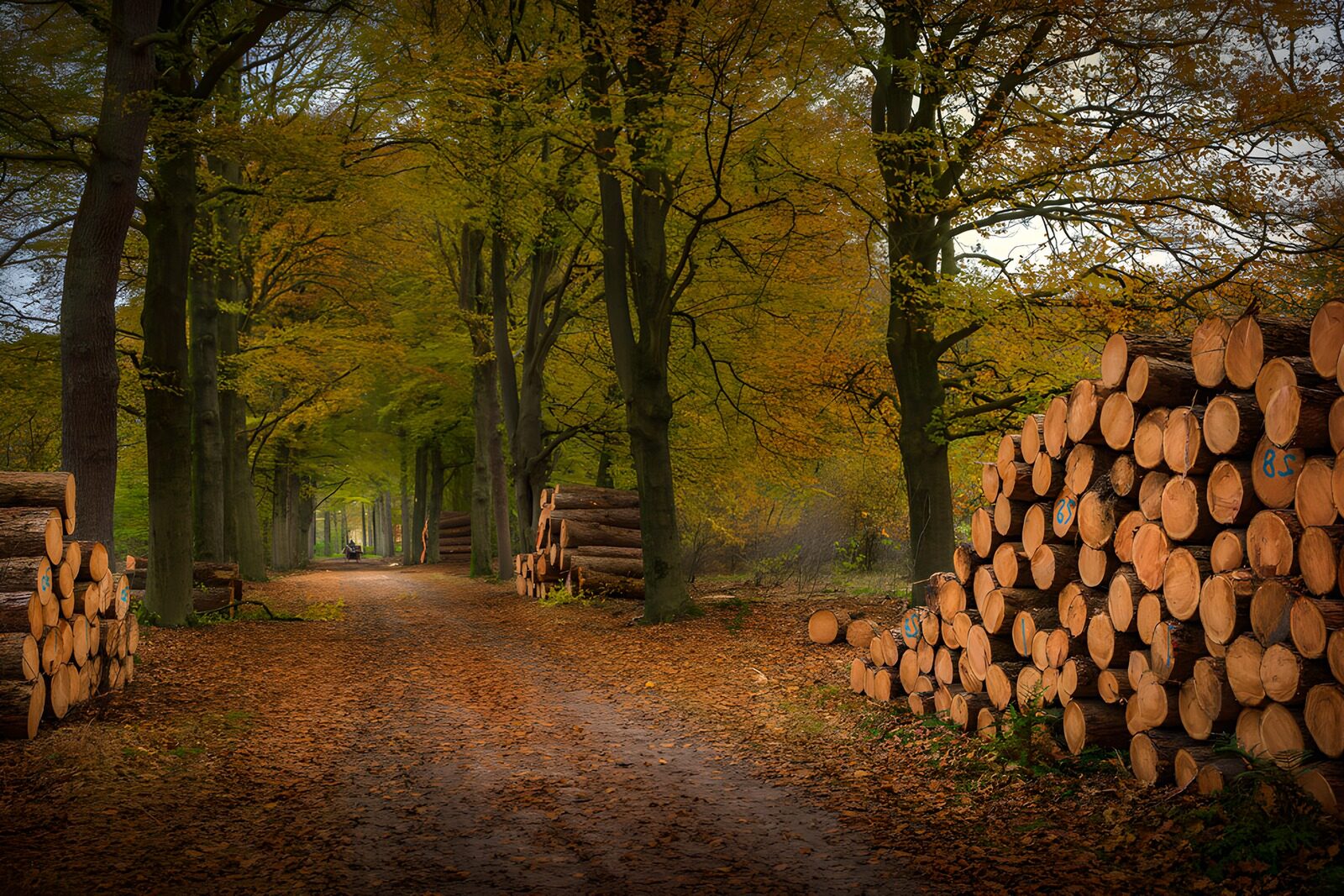 PDGIT7964933: Sentiero d’autunno tra cataste di legna