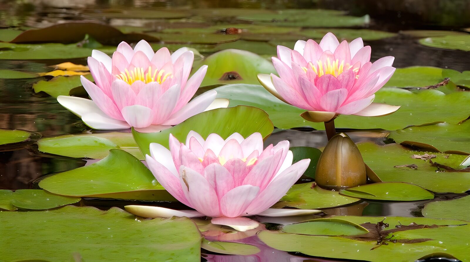 PDGIT3655810: Tre ninfee rosa sull’acqua tranquilla