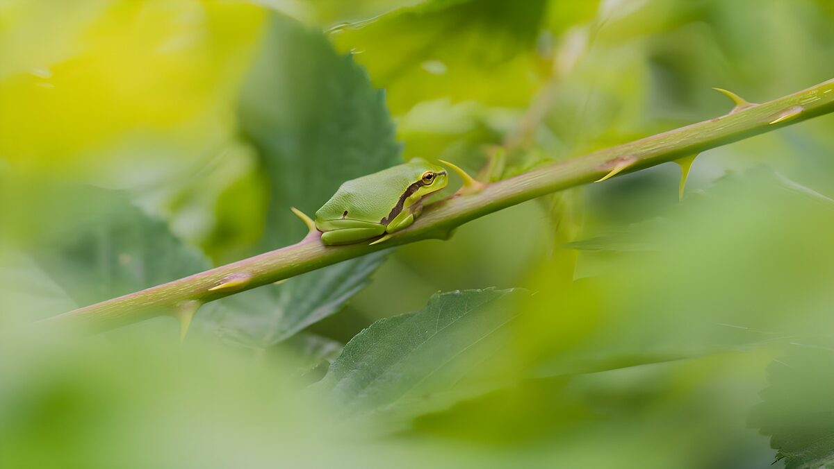 Rana verde in quiete sul ramo spinoso