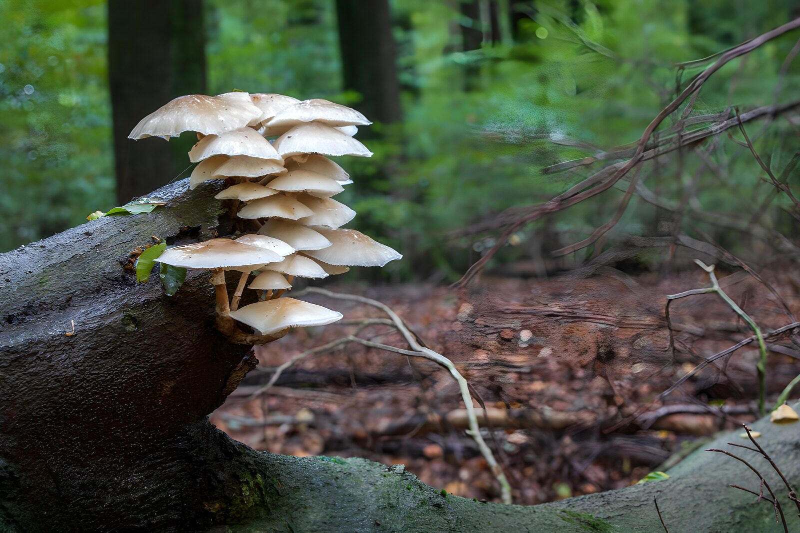 PDGIT2306319: Funghi color crema sul tronco scuro