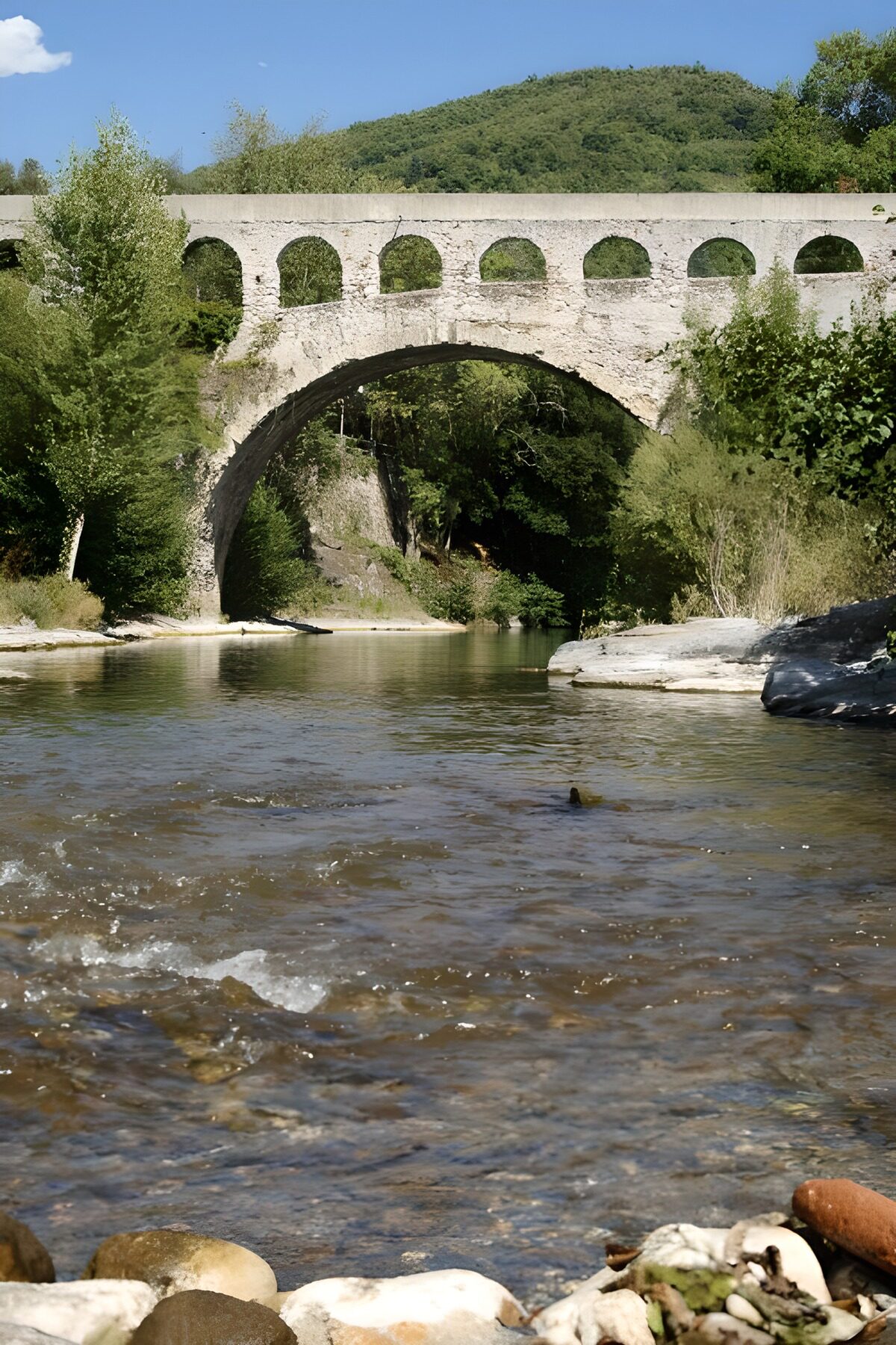 PDGIT9420332: Ponte in pietra sul fiume d’estate