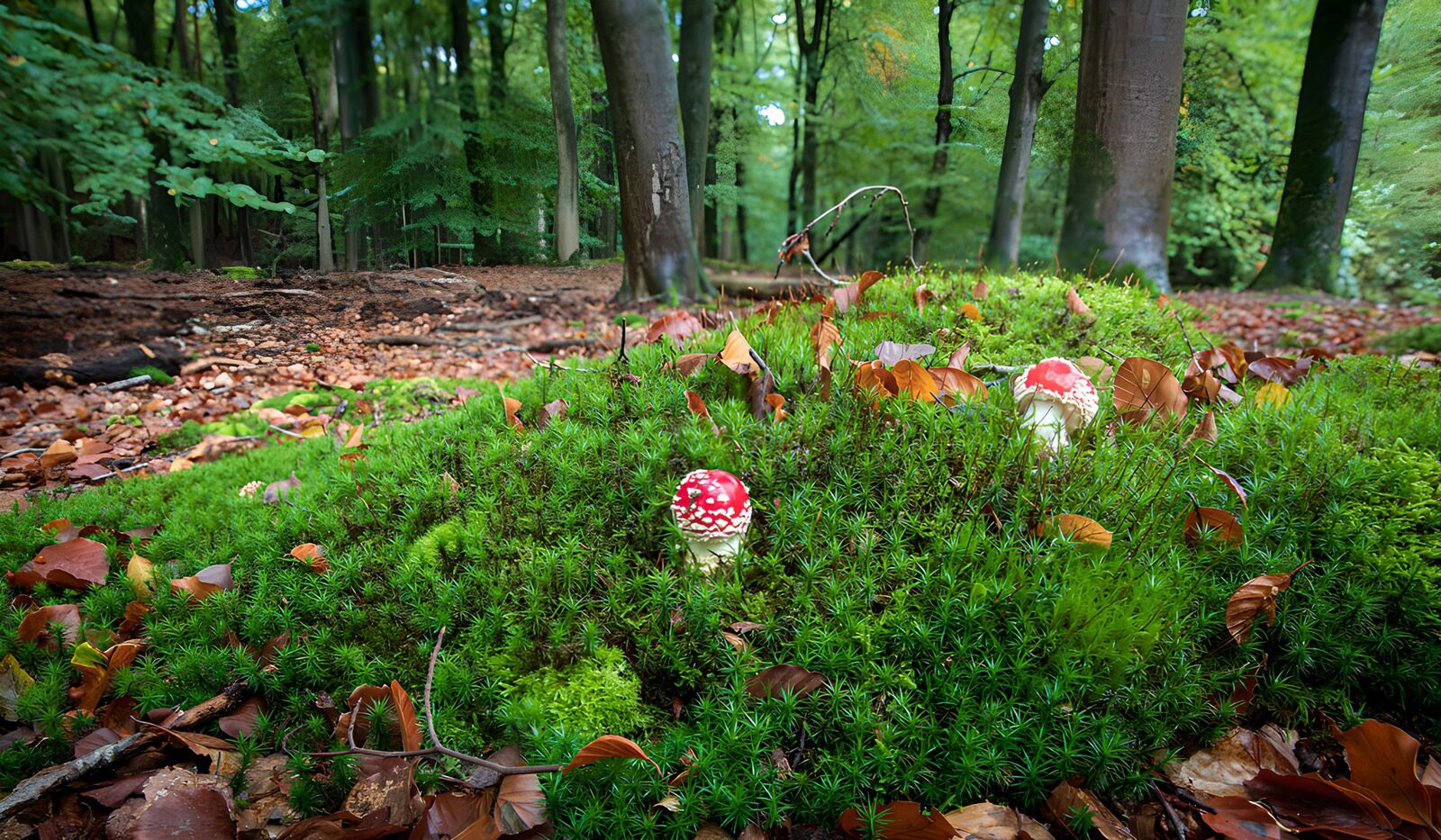 PDGIT8844489: Due amanite rosse nel muschio d’autunno