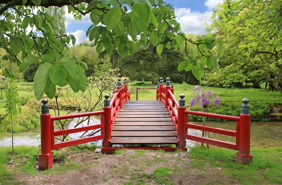 PDGIT3832141: Ponte rosso in un giardino rigoglioso