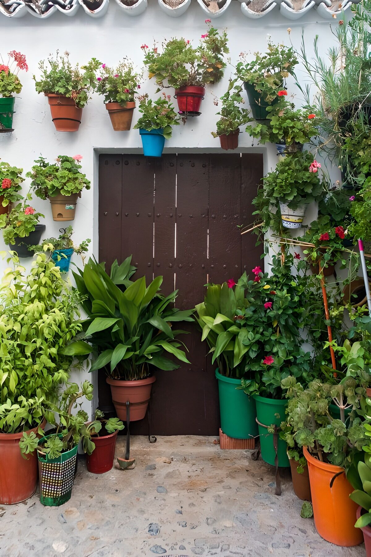 PDGIT6257493: Porta di legno tra vasi e fiori