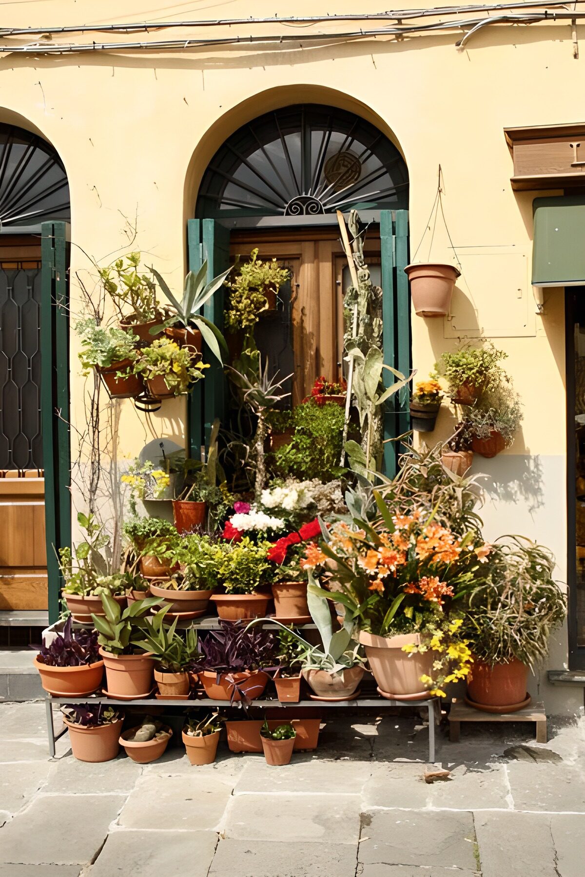 Vasi fioriti al sole davanti al muro giallo