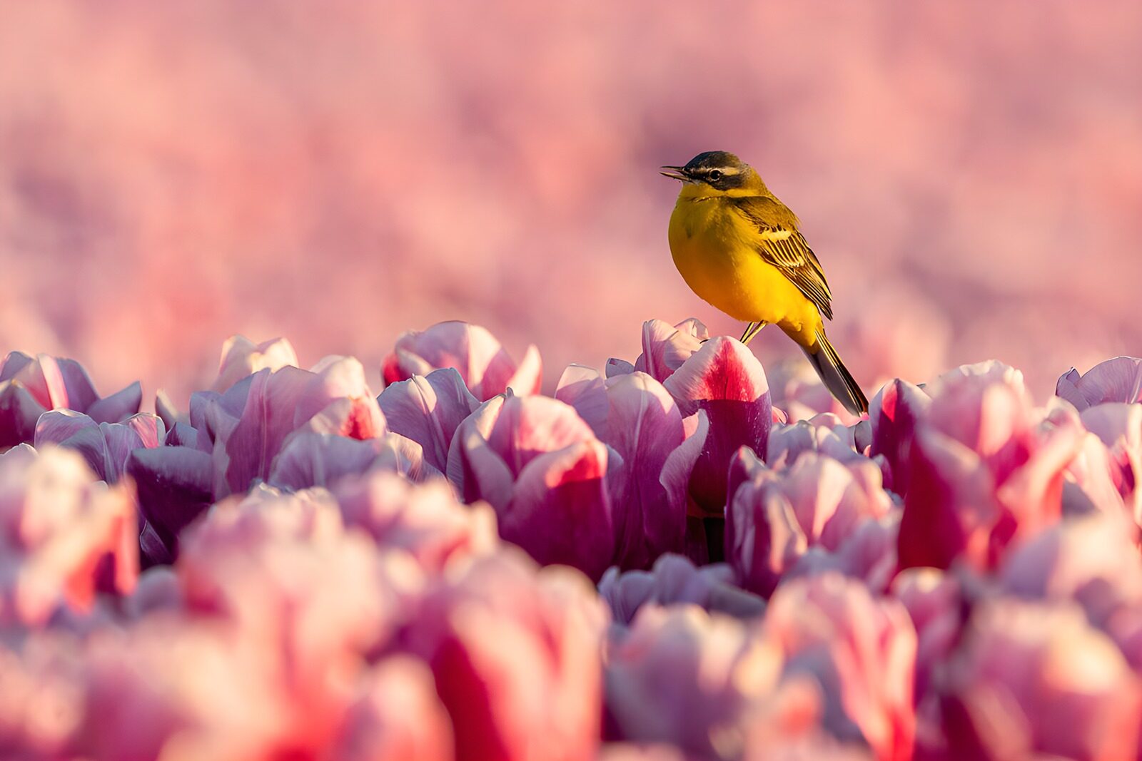 PDGIT7688854: Il rosa dei tulipani culla la cutrettola