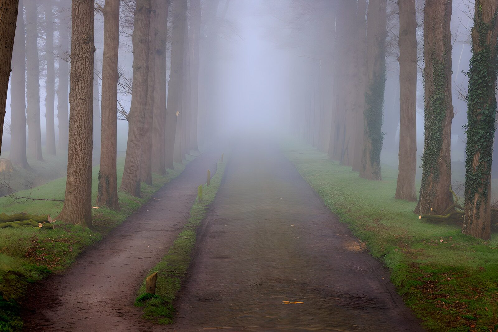 PDGIT5394280: Viale alberato nella nebbia
