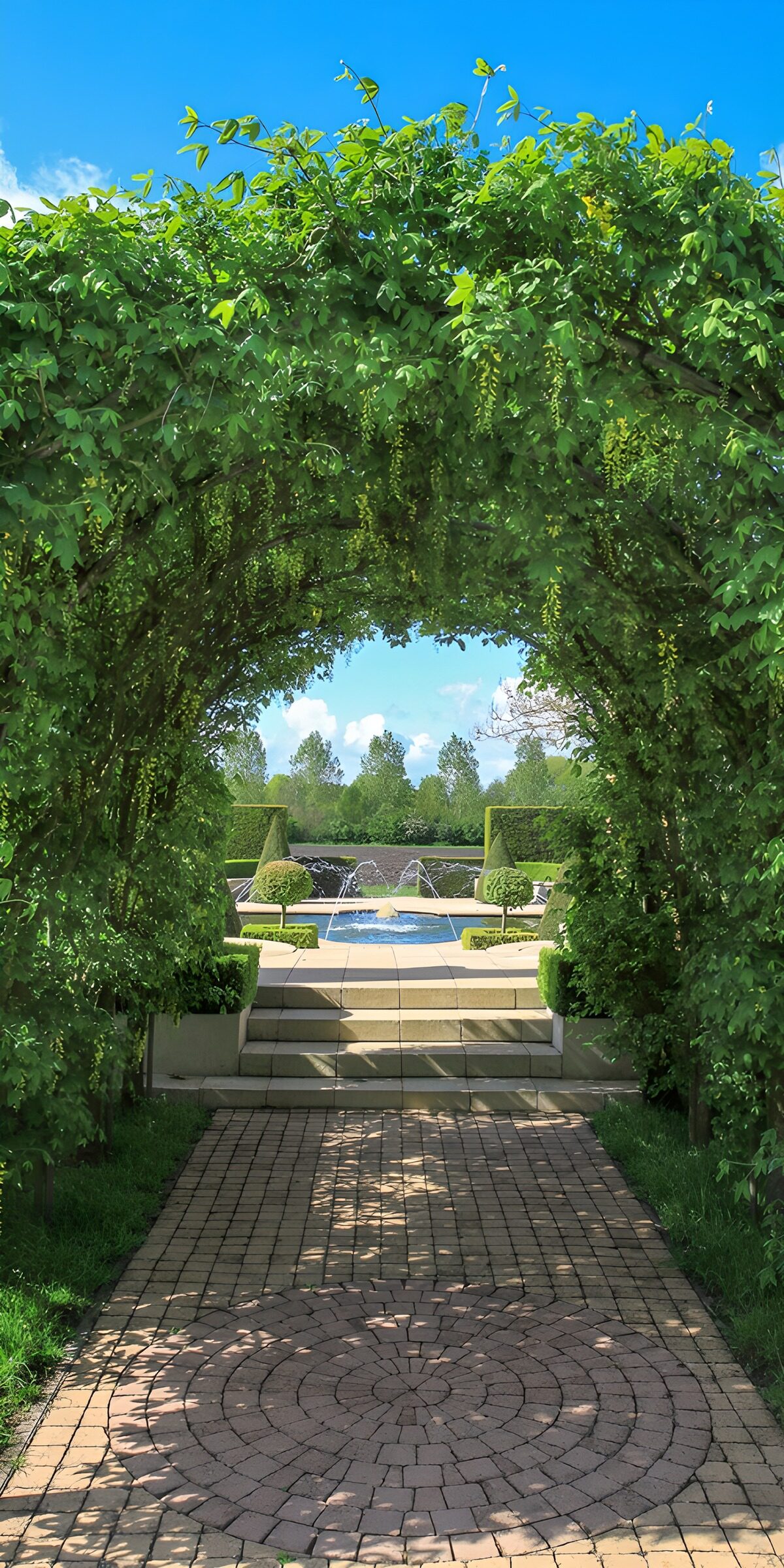 PDGIT1619084: Arco verde sul giardino con fontana