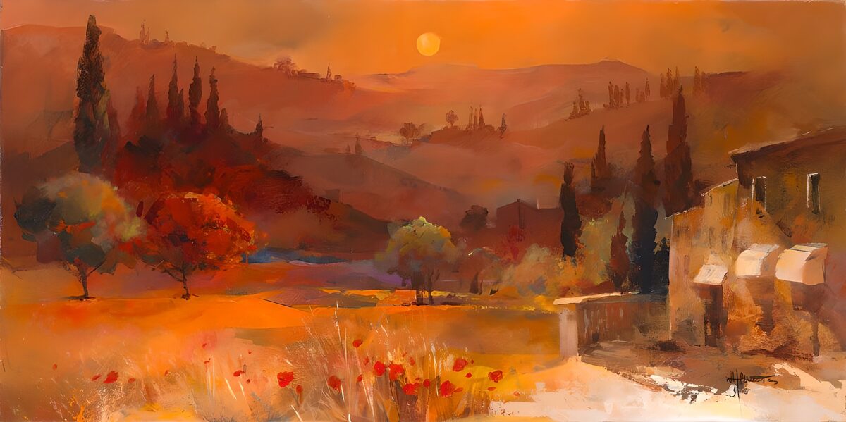 Colline e cipressi sotto un cielo arancio