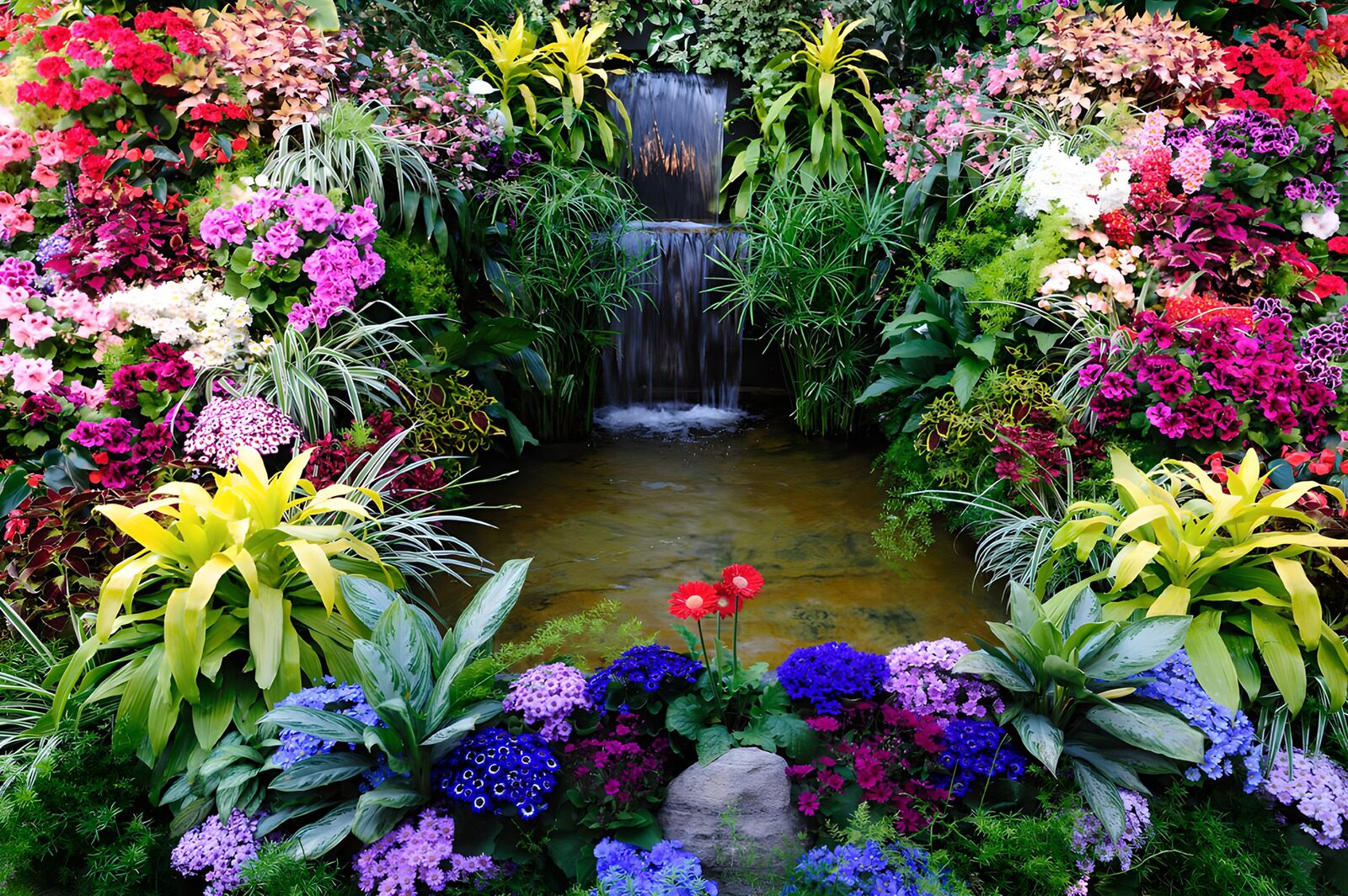PDGIT7782337: Stagno e cascata tra fiori multicolori