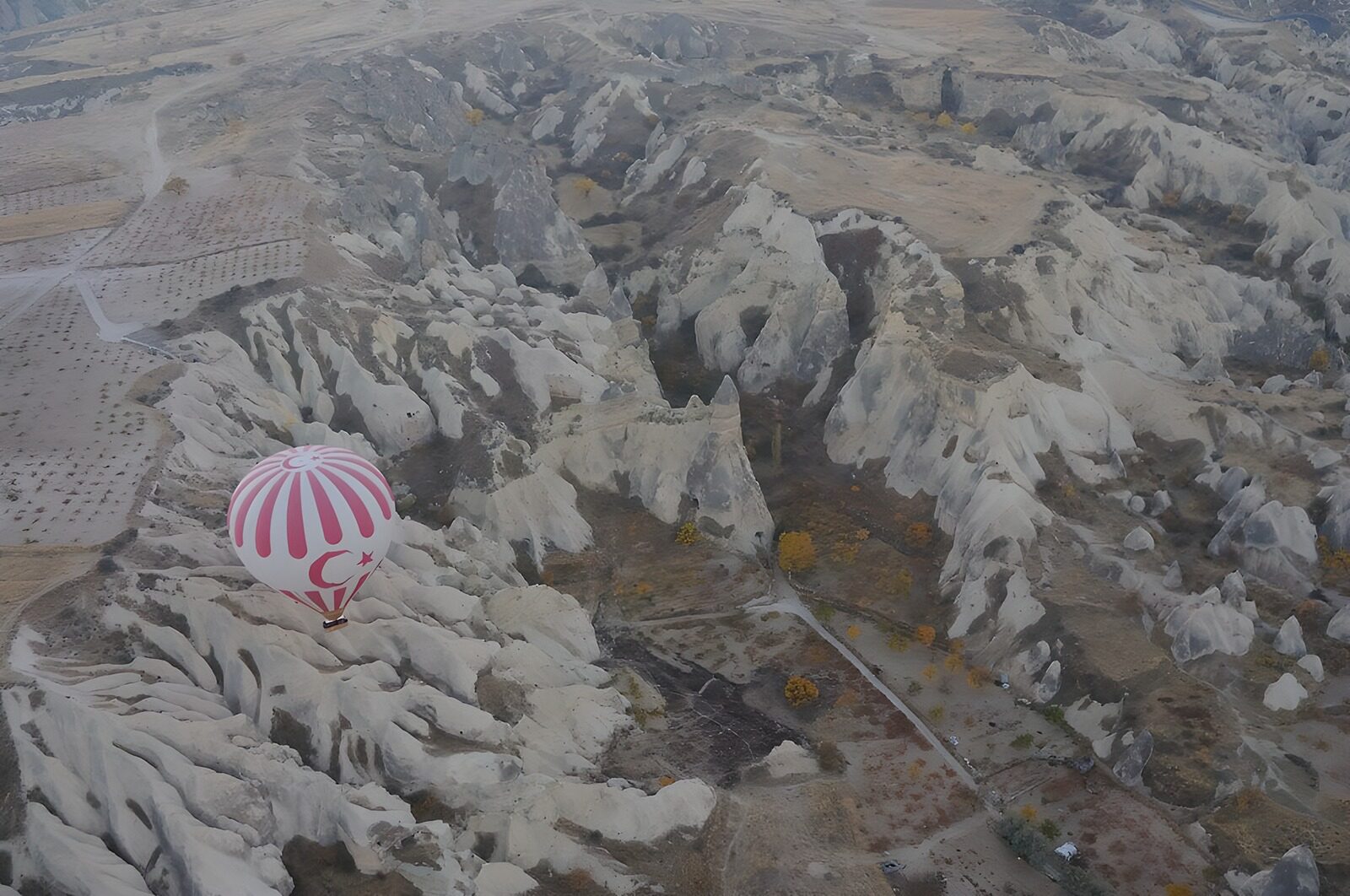 PDGIT9711456: Mongolfiera rosa sulla valle rocciosa