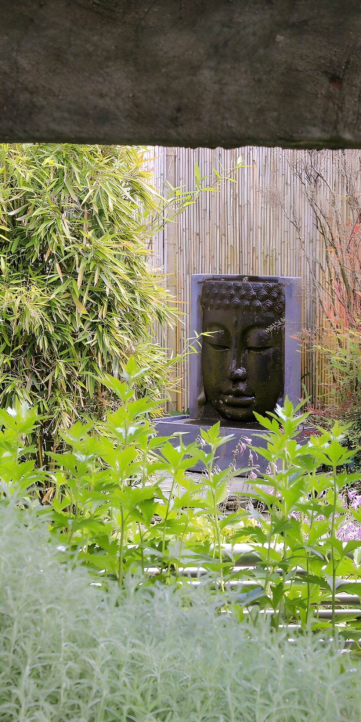 PDGIT4367545: Fontana con volto di Buddha tra il bambù