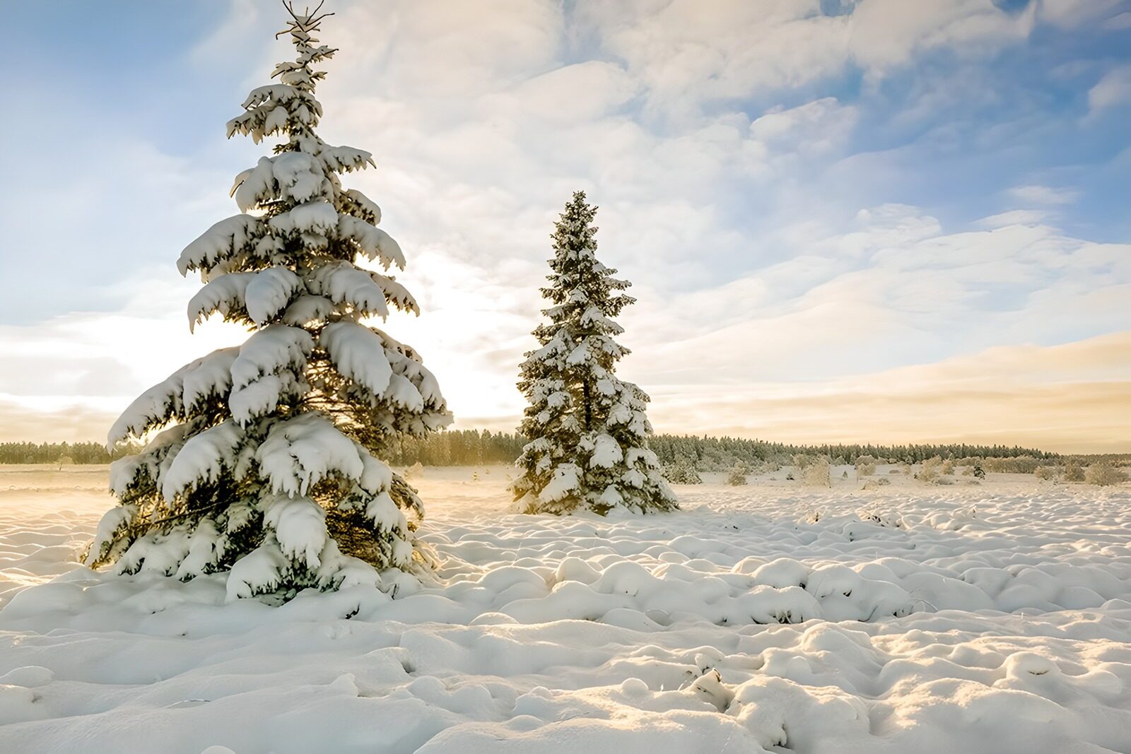 PDGIT8386700: Conifere innevate nella luce dorata