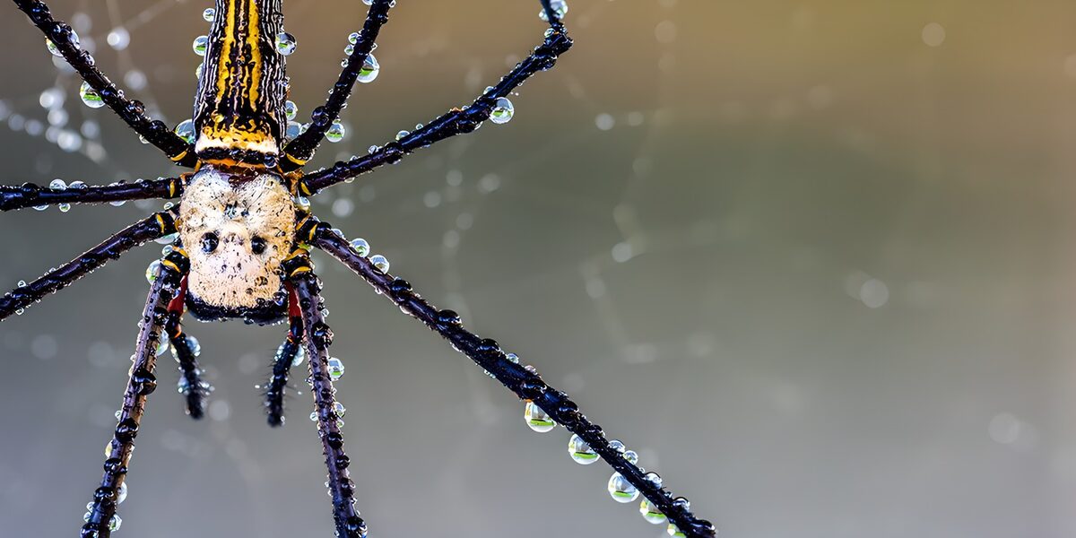 PDGIT8156764: Ragno giallo e nero tra gocce d’acqua