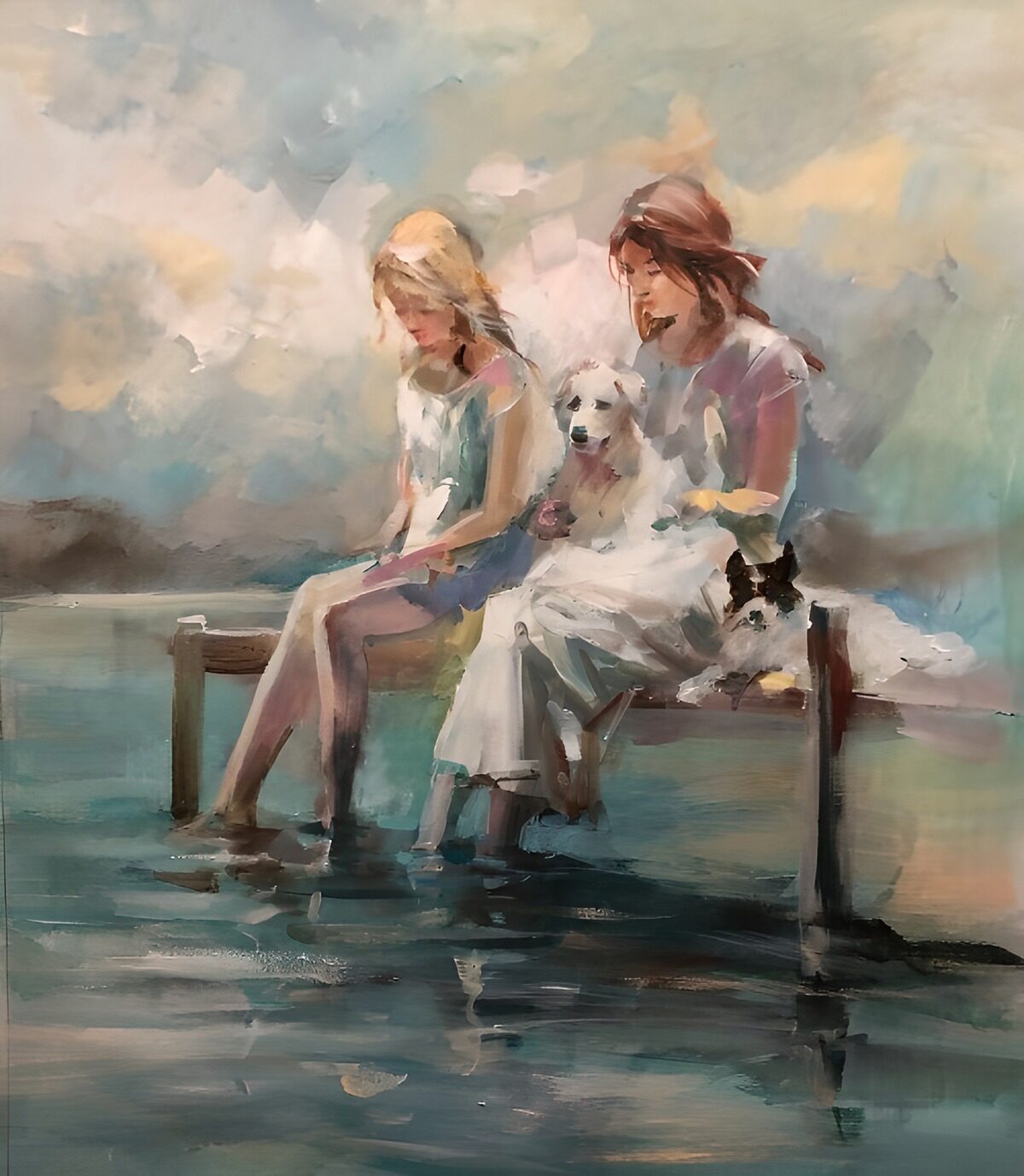 PDGIT8891617: Donna, bambina e cani sul pontile