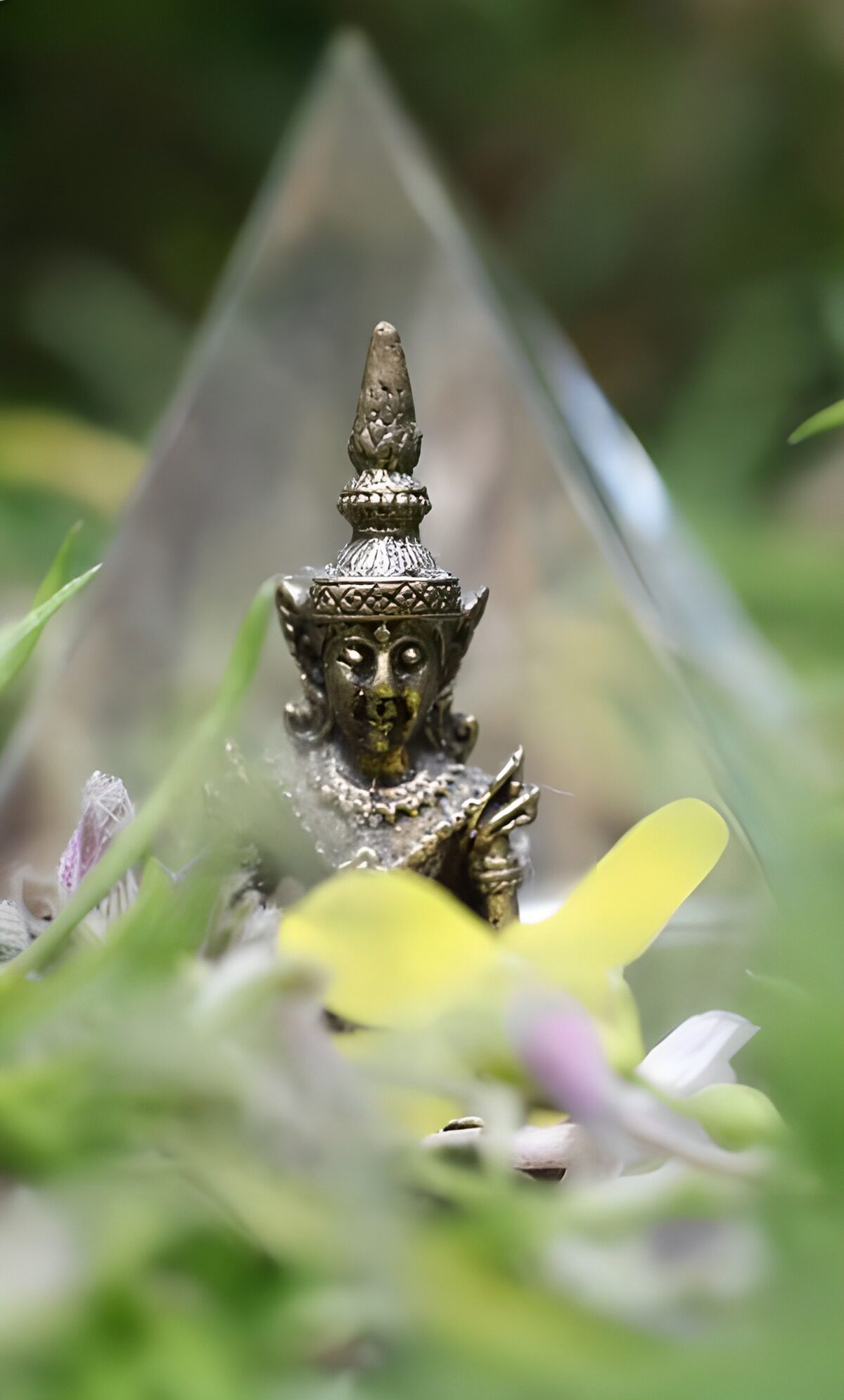 PDGIT8823253: Buddha color bronzo tra foglie e fiori